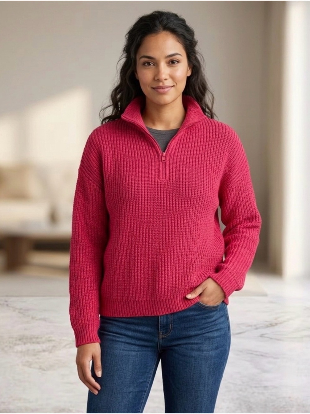Half-Zip Ribbed Turtleneck Sweater in Deep Pink